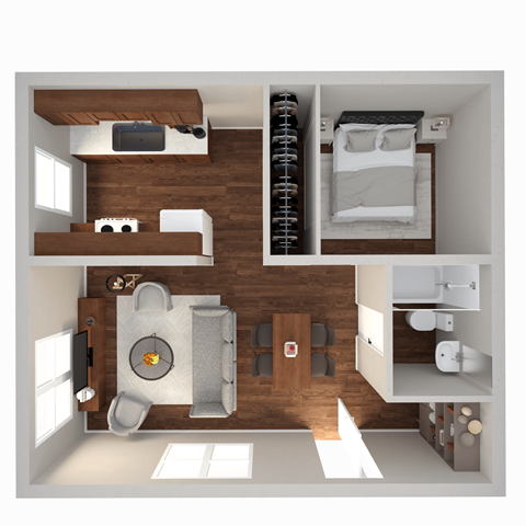 a 3d floor plan of a bedroom with a bathroom and a living room